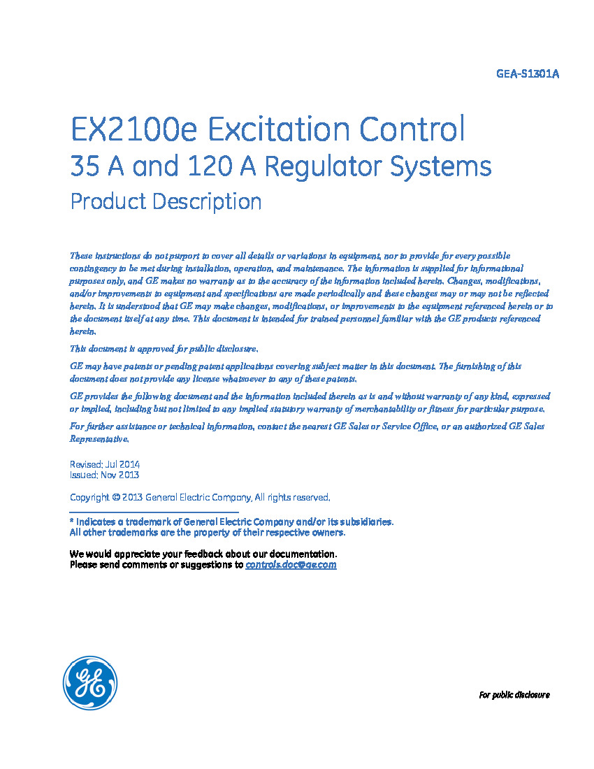 First Page Image of GEA-S1302A IS200EDEXG2B EX2100e Excitation Control Users Guide.pdf